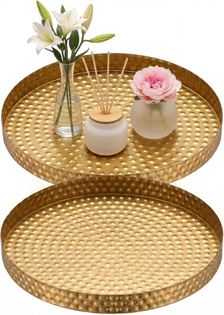 2 Pcs Gold Round Serving Tray 11 Inch Hammered Decorative Iron Tray Kitchen Accessories Plate Vanity Plate Jewelry Dish Key Bowl for Home Decor Bathroom Candle Perfume Countertop