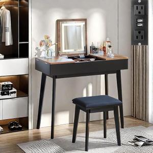 Vanity Desk, Flip Top Makeup Vanity Table with Power Outlet, Makeup Vanity Desk with Mirror & LED Light, Rustic Vanity Set with Cushioning Stool, Vintage Vanity for Bedroom, Black Brown
