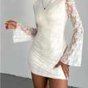 SOLY HUX Women's Lace Mini Dress Tie Backless Bell Long Sleeve Crew Neck Bodycon Dresses, Medium