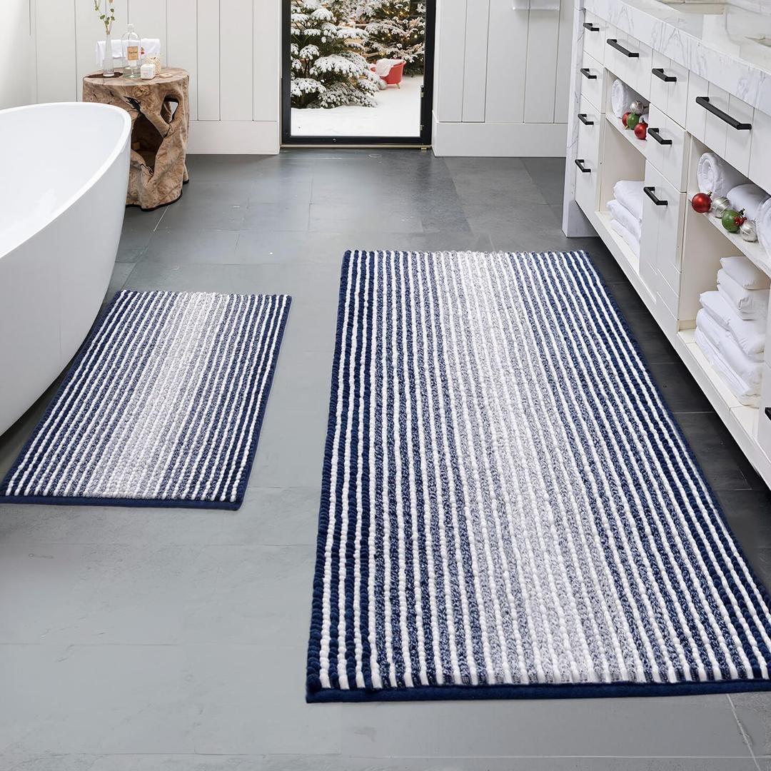 BSICPRO Bathroom Rugs and Mats Sets, 2 Piece Thick Absorbent Chenille Non Slip Soft Shaggy Floor Mats Machine Washable (20" x 47" Plus 16" x 24", Navy)