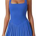 QINSEN Womens Square Neck Tennis Dress Pleated Sleeveless Built in Shorts Golf Athletic Dress with Pockets (X-Large, Sapphire)