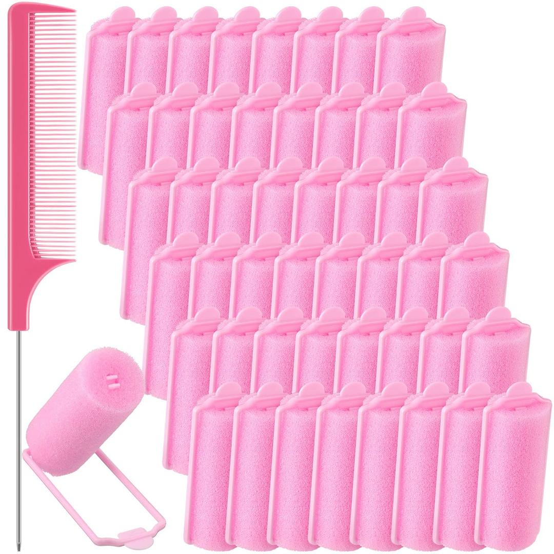 Syhood 48 Pcs Foam Sponge Hair Rollers Soft Sleeping Curlers Flexible Sponge Curler and Rat Tail Comb for Women Hairdressing Styling(Pink,0.98 inch)