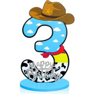 Toy Theme 3th Birthday Decorations Party Number Centerpiece Cartoon Party Number Sign Blue Sky and White Cloud Cow Birthday Sign for Boy and Girl Photo Booth Decor