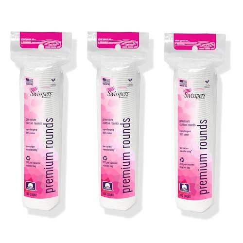Swisspers Premium Cotton Rounds, Dual Sided Pads - 100 Pads (Pack of 3) - 100% Pure Chlorine-Free Cotton, Hypoallergenic & Dermotologist Tested - Cotton Pads for Makeup & Nail Polish Removal