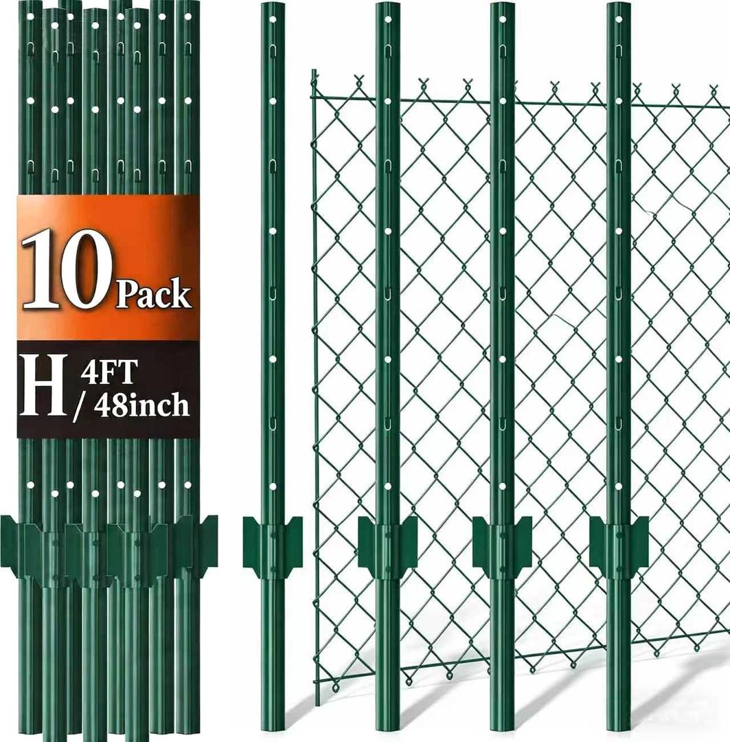 AMAGABELI GARDEN & HOME Metal Fence Posts 4 Feet 10 Pack Heavy Duty No Dig Garden U Post Stakes for Wire Fence Temporary Fencing Safety Fence Plastic Mesh Fence Garden Fencing T Post for Yard Green