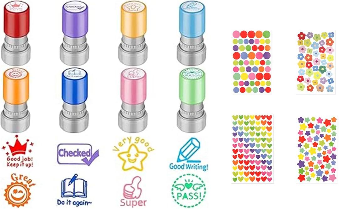 Round Teacher Stamps for Grading & Classroom Set of 8 Vibrant Color Rubber Self-Inking Teacher Stamps + 4 Bonus Colorful Stickers (Dots Hearts Flowers Stars) for Homework, Tests & Student Motivation