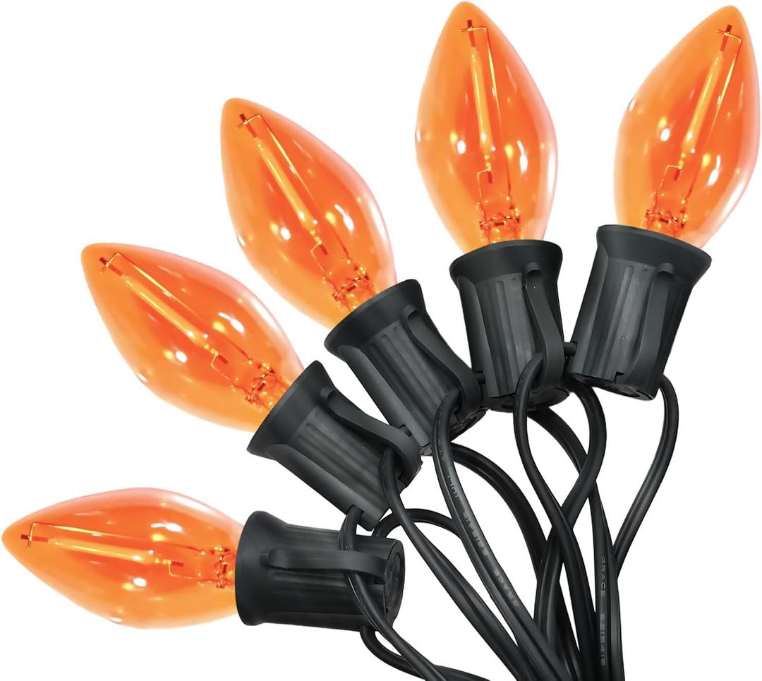 2 x C7 LED Christmas Lights, 12FT Black Wire with 12 Orange Vintage Bulbs, Outdoor Indoor Hanging Lights for Porch, Garden, Backyard, Balcony, Holiday Party Dcor