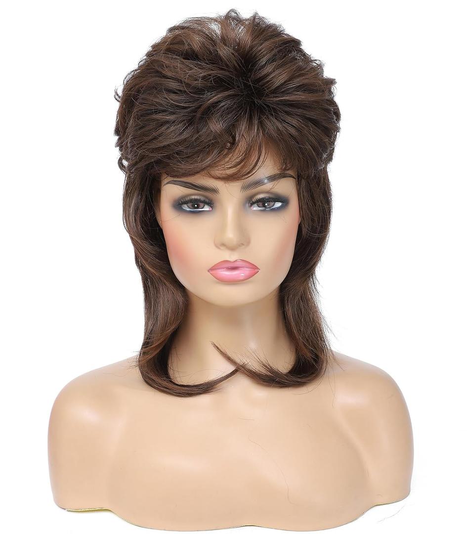 Mullet Wig for Women Shoulder Length Synthetic Cosplay Wig 80s Wigs Halloween Cosplay Daily Hair Wigs (Medium Brown)