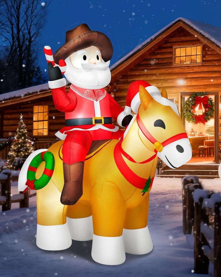 6x7FT Christmas Inflatables Cowboy Santa Riding Horse, Christmas Decoration Outdoor Built-in Bright LED Lights, Western-Style Christmas Blow Up Yard Decorations Blowups for New Year Xmas Holiday