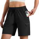 Hugut Women's Lightweight Hiking Cargo Shorts Quick Dry Athletic Shorts Camping Travel Golf Zipper Pockets Water Resistant (Black, L)