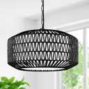 Lynnoland Farmhouse Black Chandelier Light Fixture, 5-Light Rustic Boho Chandeliers with Rattan & Linen Shade, Black Hanging Lighting for Dining Room, Kitchen Island, Bedroom (Bulbs Not Included)