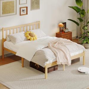 12 in High Solid Bamboo Wood Platform Queen Bed Frame with Headboard, Bed Frame Queen Size, Heavy Duty, No Box Spring Needed, Nosie Free