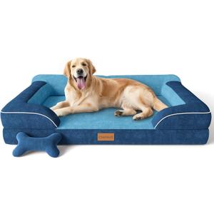 CWAWZ Extra Large Dog Bed, Orthopedic Dog Bed with Cooling Gel Memory Foam, Waterproof XL Pet Bed with Removable Washable Cover, 42" Pet Sofa Couch Dutch Velvet with Bone Toy, Navy Blue