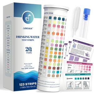 20 in 1 Water Tester for Drinking Water, Well Water Testing Kit, Suitable for Household Tap Water, Natural Water Quality Testing, Can Detect Water Hardness, Chlorine, Lead, Ph, Etc. (123 Test Strips)