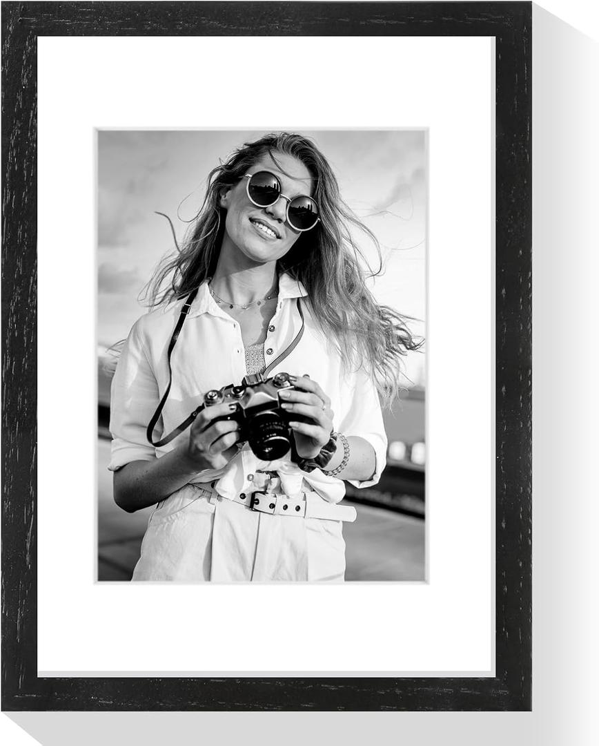 puthiac 9x12 Solid Oak Wood Picture Frame, Fits 6x8 with Mat or 9x12 Without Mat, Wall or Tabletop Display with Stand, Vertical or Horizontal, Plexi Front, 1 Pack, Black