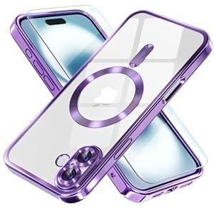 Misea Magnetic for iPhone 16 Case Compatible with MagSafe [Never Yellowing] [Military Grade Drop Protection] Full Camera Lens Protector Plating Soft Clear Phone Case for Women 6.1 inch