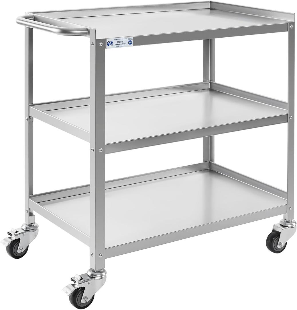 Hally Stainless Steel Utility Cart 3 Tier NSF Commercial Heavy Duty Metal Mobile Food Rolling Cart with Handle and Wheels for Kitchen, Restaurant, Hospital, Laboratory and Home, 31" L x 19" W x 34" H