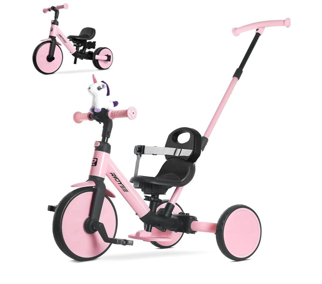 RIDYEE 5in1 Toddler Tricycle for Ages 1.5–3, Parent Steering Push Trike, ToolFree Convertible to Balance Bike, Safety Belt, Removable Backrest and Footrest, RideOn Toy for Boys & Girls, Pink