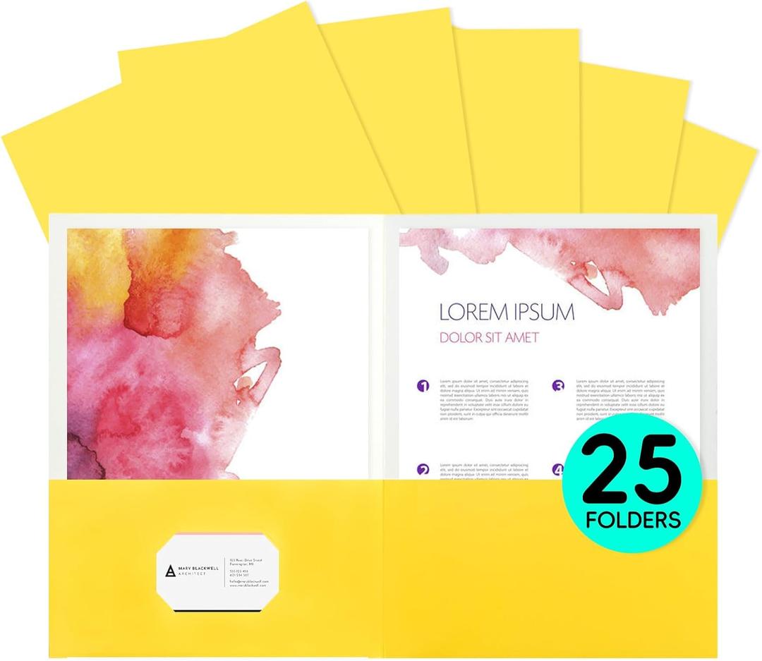 2 x 25Pcs Yollow Folders with Pockets-2 Pocket Folders for Documents,Cute Paper for Filing Cabinet,School,Office,Resume Portfolio (Yellow)