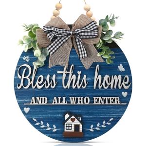 3D Bless This Home and All Who Enter Wooden Front Door SignsDoor Decorations Hanging,Christian Jesus Home Porch Wall DecorSpring WreathsDoor Wreaths for Front Door Outside All SeasonBlue