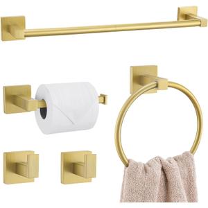 Lairuier 5-Piece Brushed Gold Bathroom Hardware Set, Bathroom Accessories Set with Towel Bar, Toilet Paper Holder and 2 Towel Hooks SUS304 Stainless Steel Towel Bar Set Wall Mounted