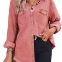 Zilcremo Women Denim Shirt Chambray Collared Jean Shirts Long Sleeve Pocket Button Down Blouses (Large, Pink)