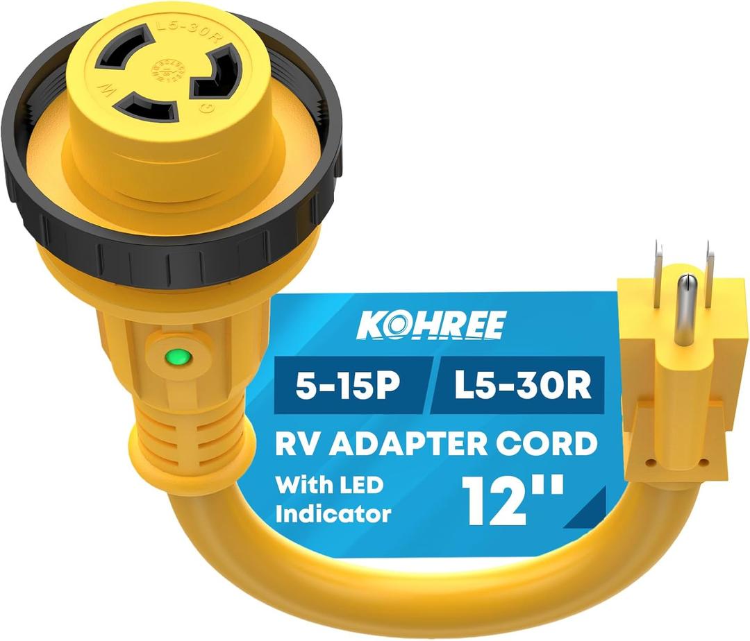 Kohree RV Adapter Plug 30 Amp to 15 Amp 110V, RV Power Electrical Adapter Cord 15A Male to 30A Female 12" with Twist Lock & LED Indicator (15M/30F 12"(twist lock with LED indicator))