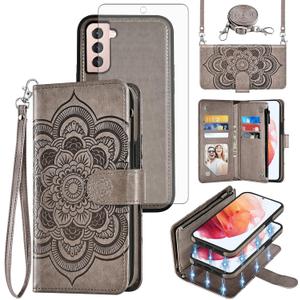 Asuwish Phone Case for Samsung Galaxy S21 5G 6.2 inch Zipper Wallet Magnetic Detachable Cell Cover with Tempered Glass Screen Protector Crossbody Strap Flower Card Holder S 21 21S G5 Women Girls Gray