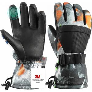 Ski Gloves, Warmest Waterproof and Breathable Snow Gloves for Cold Weather, Fits Both Men & Women, for Parent Child Outdoor (S(Fit Kids 8-10 Years), Black+Orange)