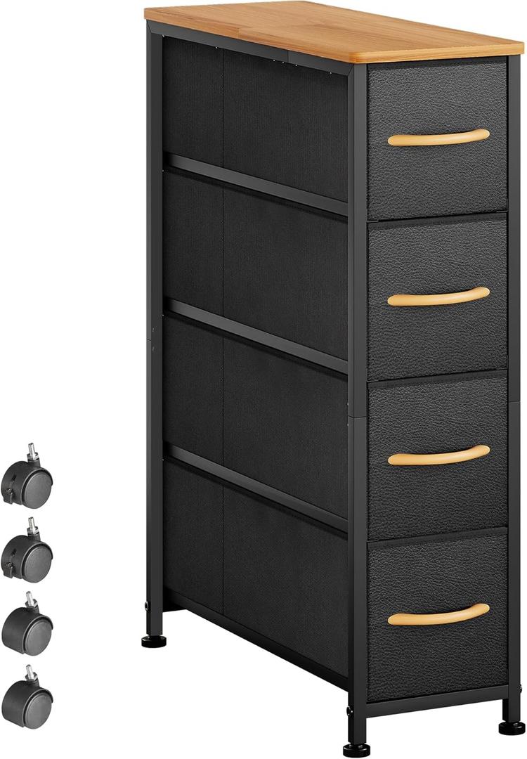 Narrow Dresser Storage Tower with 4 Drawers, Slim Dresser Chest of Drawers with Steel Frame, Wood Top, Dresser for Bedroom, Bathroom, Small Spaces, Laundry, Closet (Black) (18.9"D x 7.9"W x 29.5"H (4 Drawers))