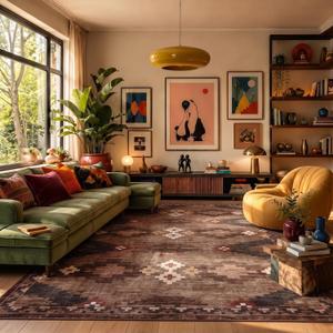 8x10 Washable Area Rug for Living Room Non Slip Modern Geometric Large Bedroom Rugs Stain Resistant Mid Century Dining Room Throw Carpet Soft Boho Tribe Area Rugs for Nursery Home Office, Brown