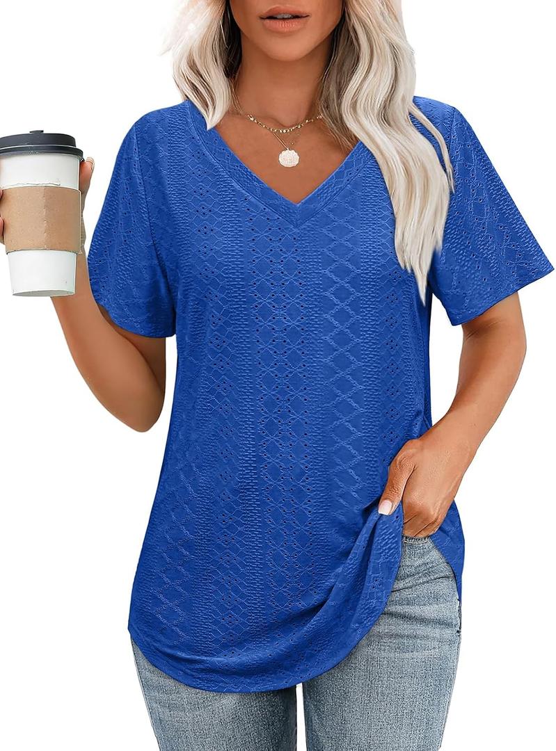 OFEEFAN V Neck T Shirts for Women Short Sleeve Casual Tops Workout Trendy V Neck Cute Shirts 2026 Teacher Outfits for Women Clothing Summer Blue, XL