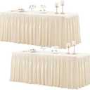 2 Packs Light Champagne Polyester Table Clothes for 8 Foot Rectangle Tables, Wrinkle Free Fitted Table Cover 8ft Stretch Tablecloths with Skirt for Parties Weddings Birthday Banquet Baby Shower