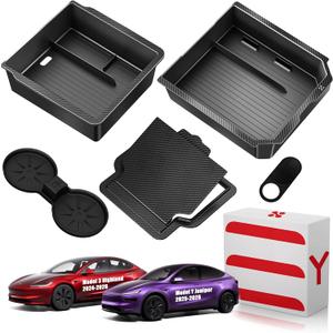 Tesla Model Y Juniper 2025 2026 & Model 3 Highland 2024 2026 Center Console Organizer Tray [Slide Smoothly + Easy Installation] Cup Holder for Tesla Model Y Juniper Accessories (Black)