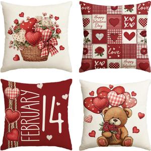 AVOIN colorlife Valentine's Day Heart Rose Basket Throw Pillow Covers, 18 x 18 Inch Balloon Bear Red Anniversary Wedding Cushion Case Decoration for Sofa Couch Set of 4
