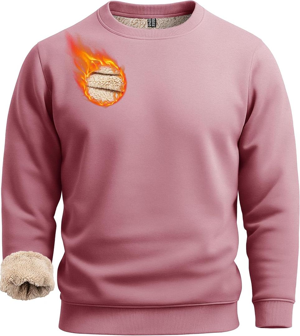 Boladeci Men's Full Sherpa Lined Crewneck Sweatshirts Heavy-weight Fleece Pullover Thick Thermal Long Sleeve Cotton (XX-Large, Pink)