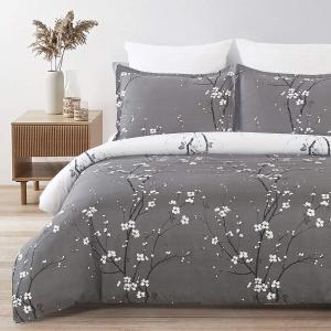 Soft Brushed Microfiber Duvet Cover Set with Zipper Closure and Corner Ties, Plum Blossom Branch Floral Printed Pattern, Grey and White Color, Reversible Design, King Size(104x90 Inches)