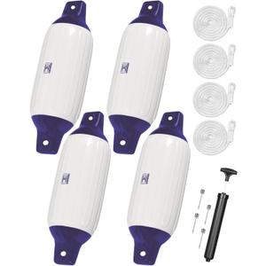 OCEANBROAD Boat Fenders 4 Pack, Inflatable Ribbed Boat Bumpers for Docking with 4 Ropes, Pump & Needles, PVC Fenders, Reinforced Dual Eyelets for Vertical/Horizontal Hanging, UV Resistant