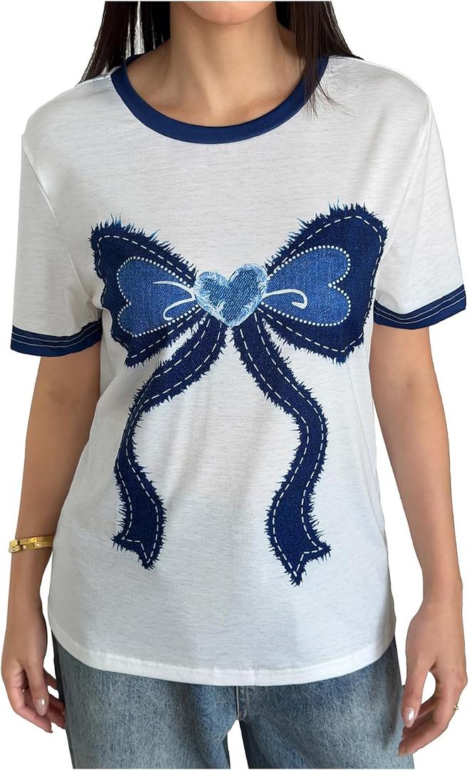 RoseSeek Women's Graphic Cherry Bow Tees Casual Letter Print Round Neck T Shirt Summer Short Sleeve Trendy Tops (White, S)