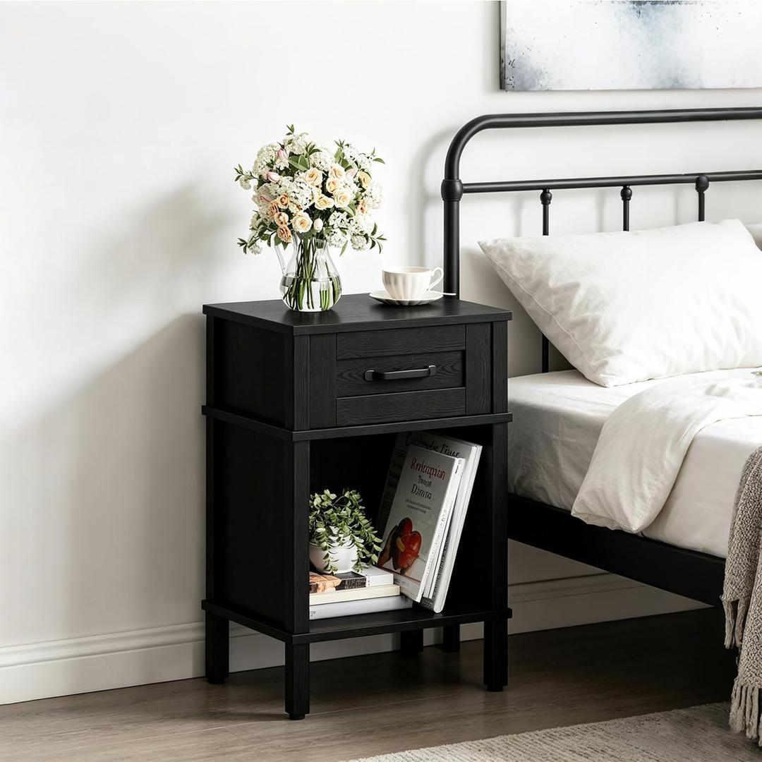 Farmhouse Nightstand with Drawer, Small Wood Side Table, Wooden Bedroom Nightstand, Wood Night Stand, Black Bedside Table with Storage, Black End Table for Living Room LET512B