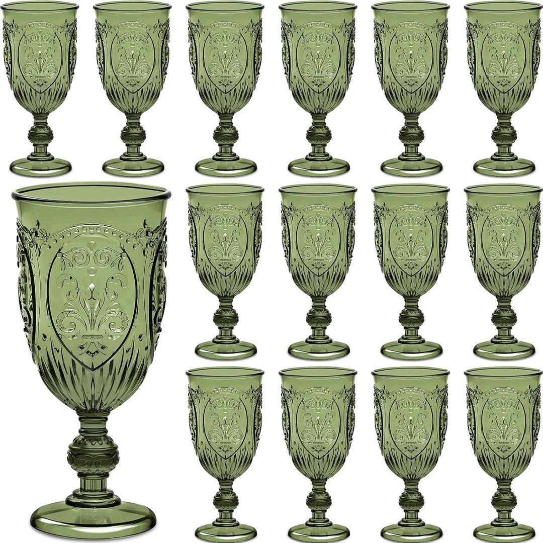 Wiwiqing 24 Pcs Plastic Goblets 7.5oz Vintage Goblet Plastic Wine Glasses Colored Retro Embossed Water Goblets for Wine Bar Juice Baby Shower Wedding Reception Grand Event Party (Olive Green)