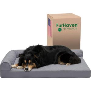 Furhaven Cooling Gel Dog Bed for Large/Medium Dogs w/ Removable Bolsters & Washable Cover, For Dogs Up to 55 lbs - Pinsonic Quilted Paw L Shaped Chaise - Titanium, Large (36.0"L x 27.0"W x 6.5"Th)