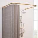 U Shaped Corner Shower Curtain Rod, [Both Sides: 23.6"-52", Middle: 31"-46.7"] Adjustable U Shape Pole No-Sagging Curtain Rod for Bathroom Outdoor with 12 Ring Hooks & Ceiling Support - Gold