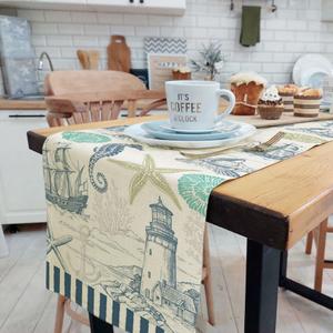Summer Scallops Starfish Coral Coastal Table Runner, Retro Ocean Beach Sea Animals Theme, Nautical, Green, Linen, 13x90IN