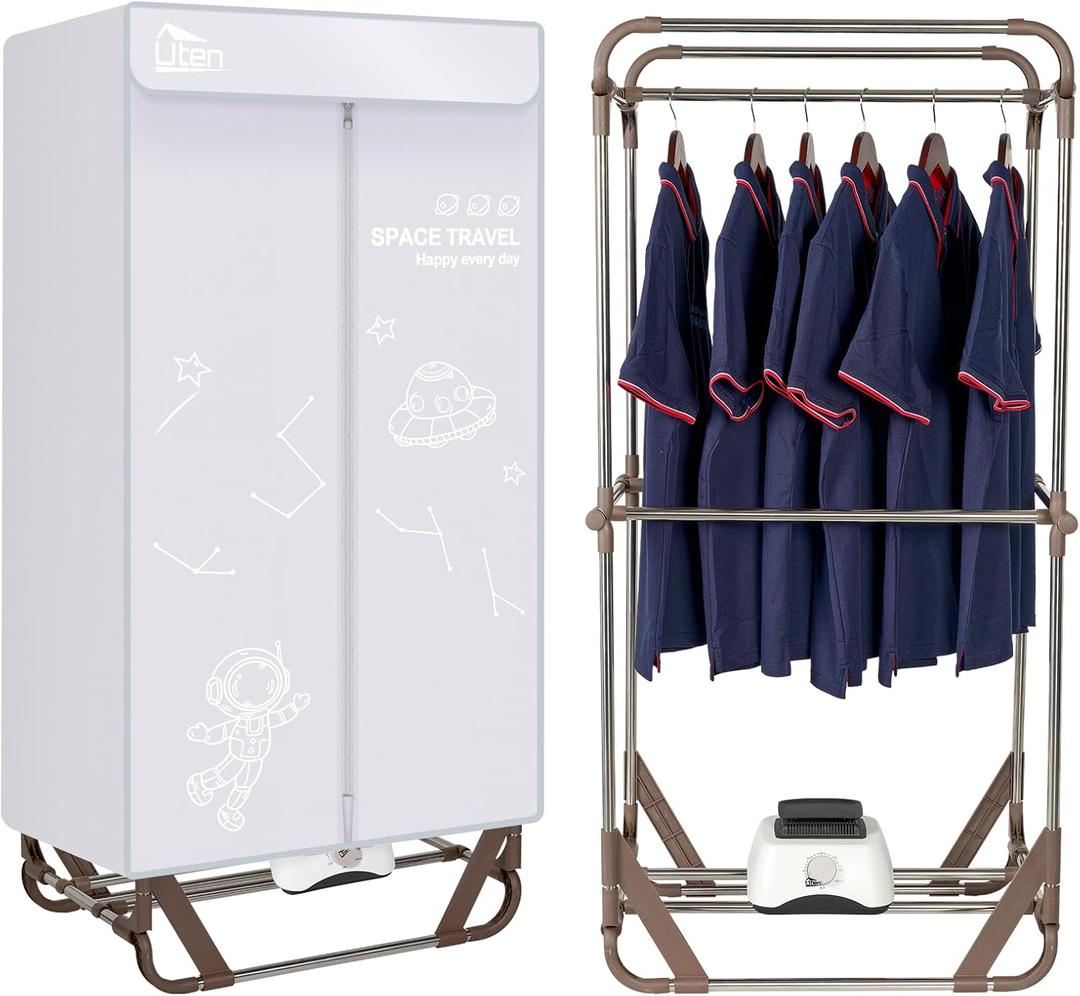 Uten Clothes Dryer, 1500W Power Electric Clothes Dryer Machine with Timer, 2-Tier Laundry Drying Wardrobe, Foldable Clothes Drying Rack and Dryer for Travel, Apartments, RV, Home (66inch, Gray)