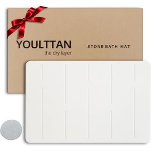 Stone Bath Mat 24"x16" - Diatomaceous Earth Shower Mat, Quick Dry, Anti-Slip, Modern Design with Bonus Non-Slip Pad - Perfect for Home Safety and Style,White,Straight