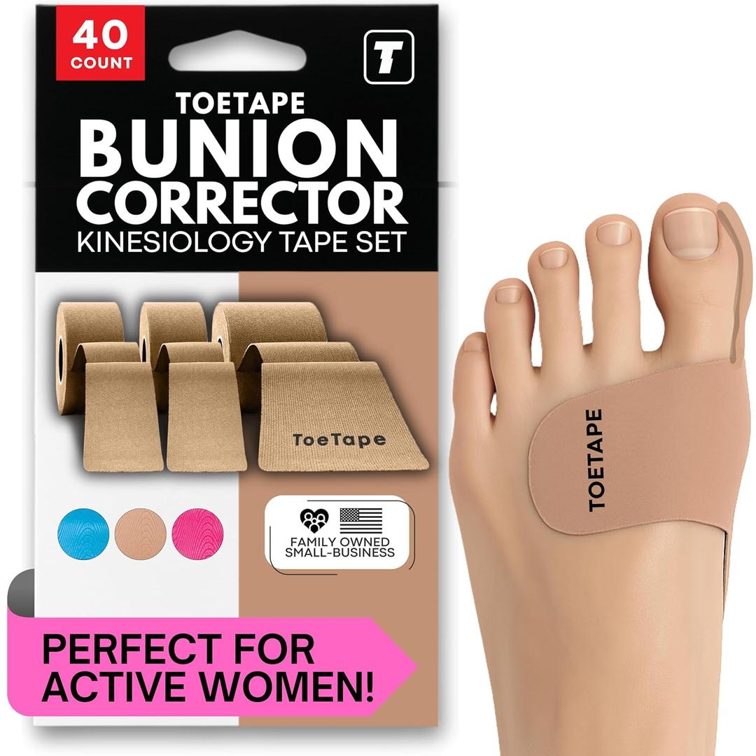 Bunion Corrector & Pain Relief Kinesiology Athletic Tape | For Bunions & Turf Toe | Big Toe Spacer/Separator/Straightener Tape for Men & Women | 80 Precut Kinesiology Tape Pcs | Nude Color