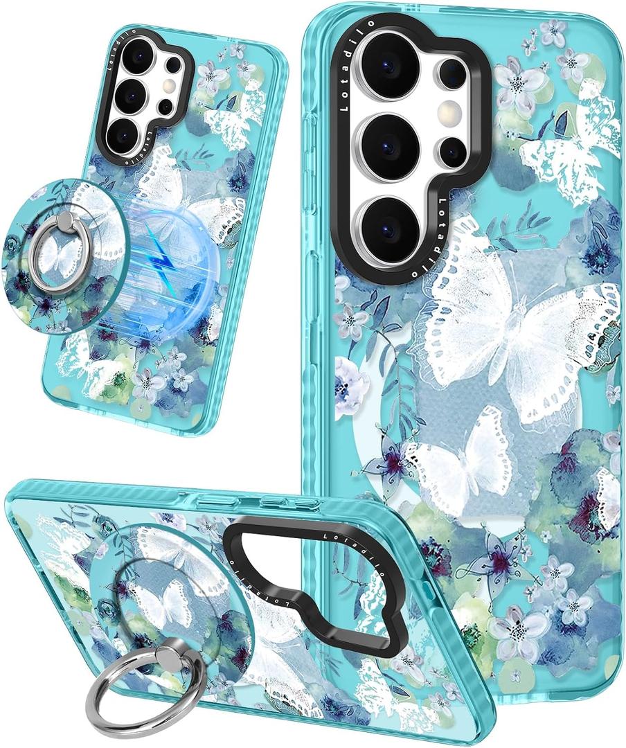 Lotadilo Cute Case for Samsung Galaxy S26 Ultra for Women Girls - Funny Ink Butterfly Design Compatible with Magsafe Magnetic Ring Holder Kickstand Fashion TPU Phone Covers
