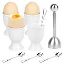 Axigundaone 9 Pcs Egg Cups and Egg Cracker Set, Egg Cracker Set for Soft Hard Boiled Eggs, Egg Cracker Topper Kits 1 Stainless Steel Egg Topper Cutters 4 Stainless Steel Spoons 4 Ceramic Egg Cup