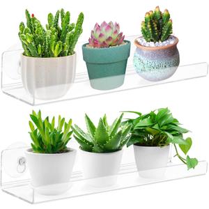 2-Pack 15 Inch Acrylic Window Boxes Plant Shelves, with Suction Cup Window Sill Extender, for Indoor/Outdoor Succulents, Micro Greens, Seed Starter Pots, Herb Planters, 15in-2pc